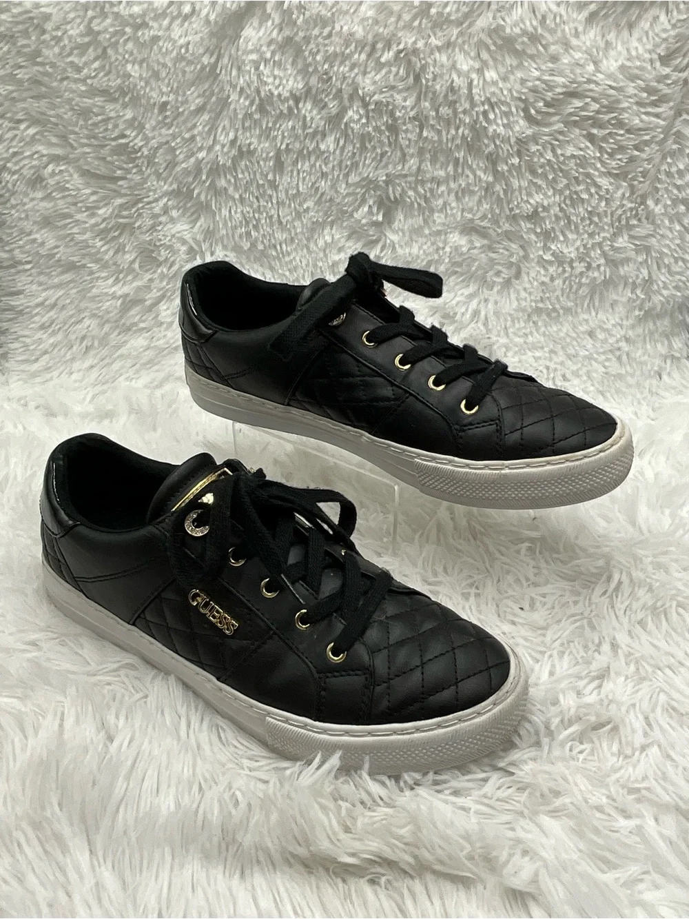 Guess Quilted Sneakers Size 10M Black Lace-up Gold-tone Accents